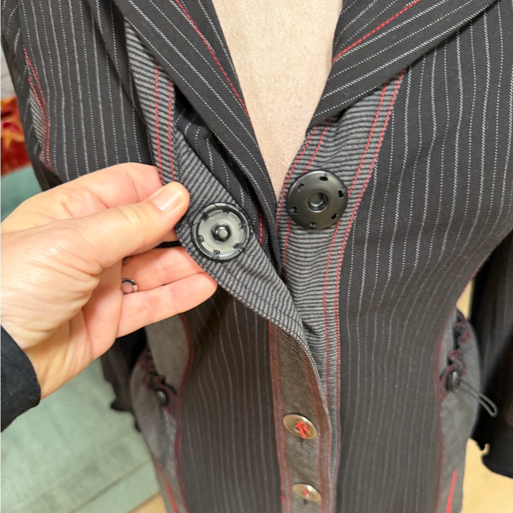 Vintage LanVie Black Pinstripe Hooded Lightweight Black Red Jacket Pinstripe 6 - Picture 8 of 16